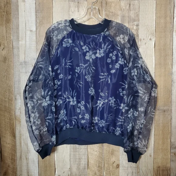 Zara Navy Floral Print Sheer Pullover Long Sleeves Blouse Size Small - Picture 4 of 10